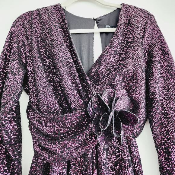 Zara Purple Sequin Romper Shorts Long Sleeve V-Neck Floral Detail Medium - Picture 5 of 10